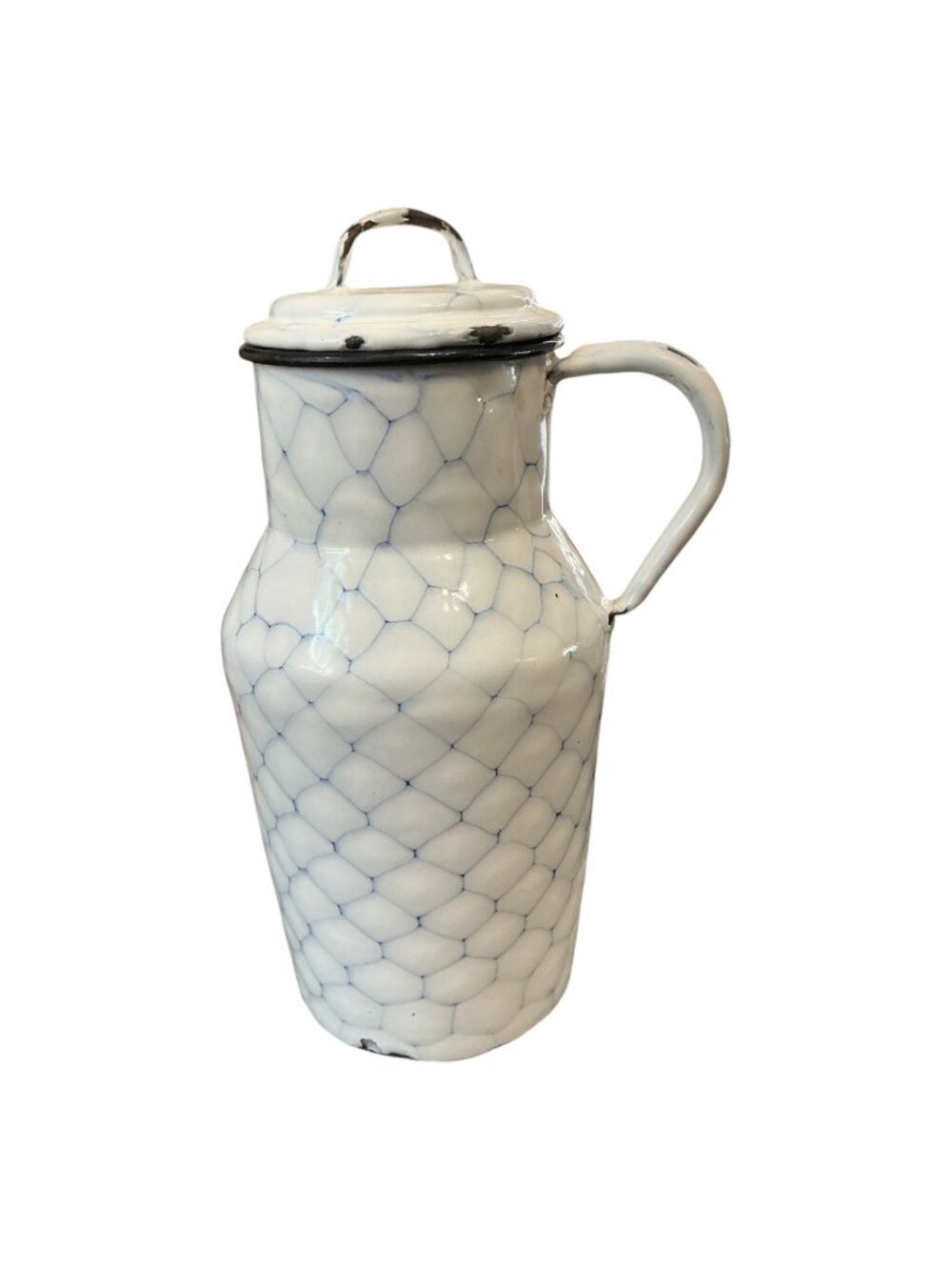 Vintage White Blue Chicken Wire Graniteware Cream Pitcher Collectible Cottage